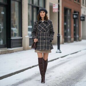 Vintage 90s Y2K Double Breasted Dark Gray Plaid Womens Wool Coat Jacket Sz Small